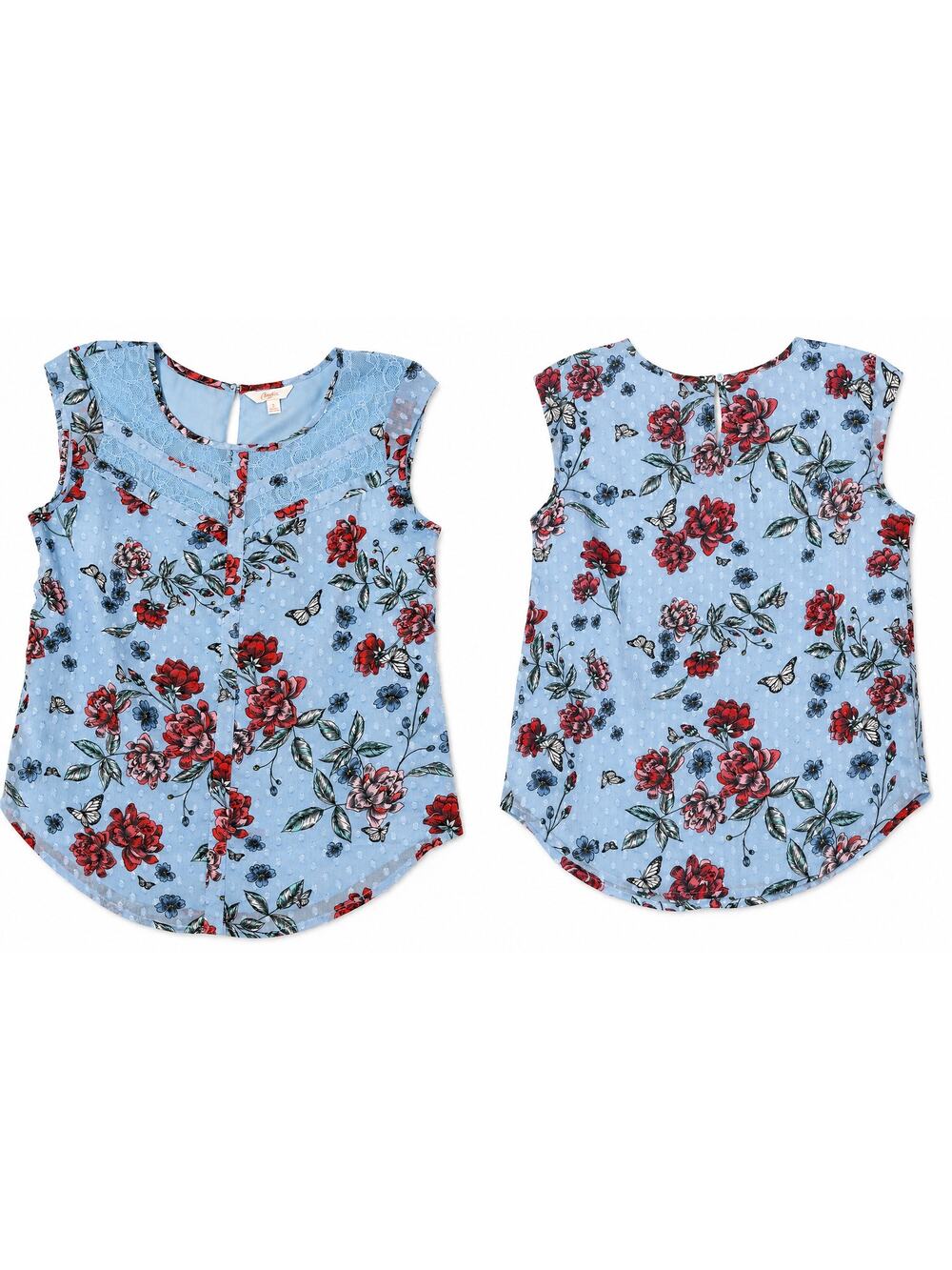 Candie’s Floral Lace Blue Butterfly Blouse Women’s Small Sleeveless Top